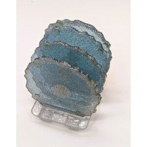 Set Of 4 Translucent Blue Glitter Resin Coasters With Holder